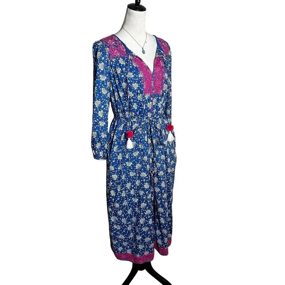 J.Crew Boho Midi Dress Small |‎ Blue Pink Floral Embroidered Tassel Cottagecore